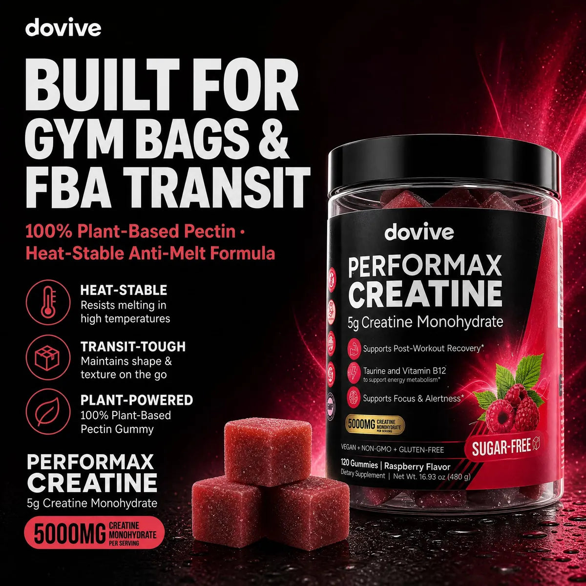 DOVIVE Performax Creatine, Raspberry: Built for gym bags and transit