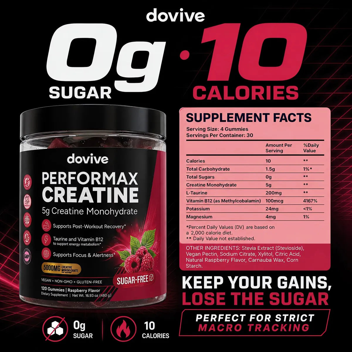 DOVIVE Performax Creatine, Raspberry: 0 g sugar, 10 calories, Supplement Facts