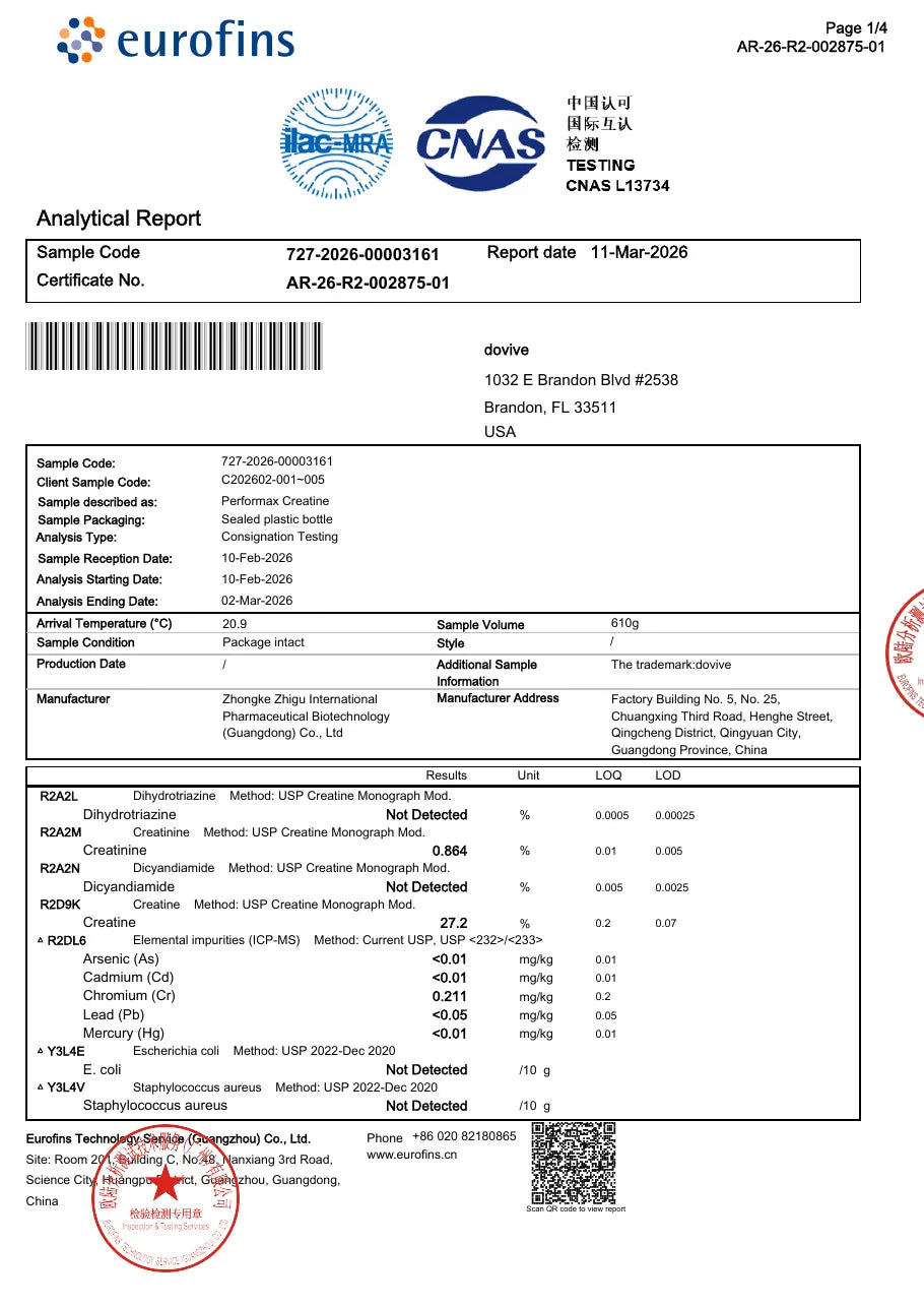 First page of Eurofins analytical report AR-26-R2-002875-01 for DOVIVE Performax Creatine