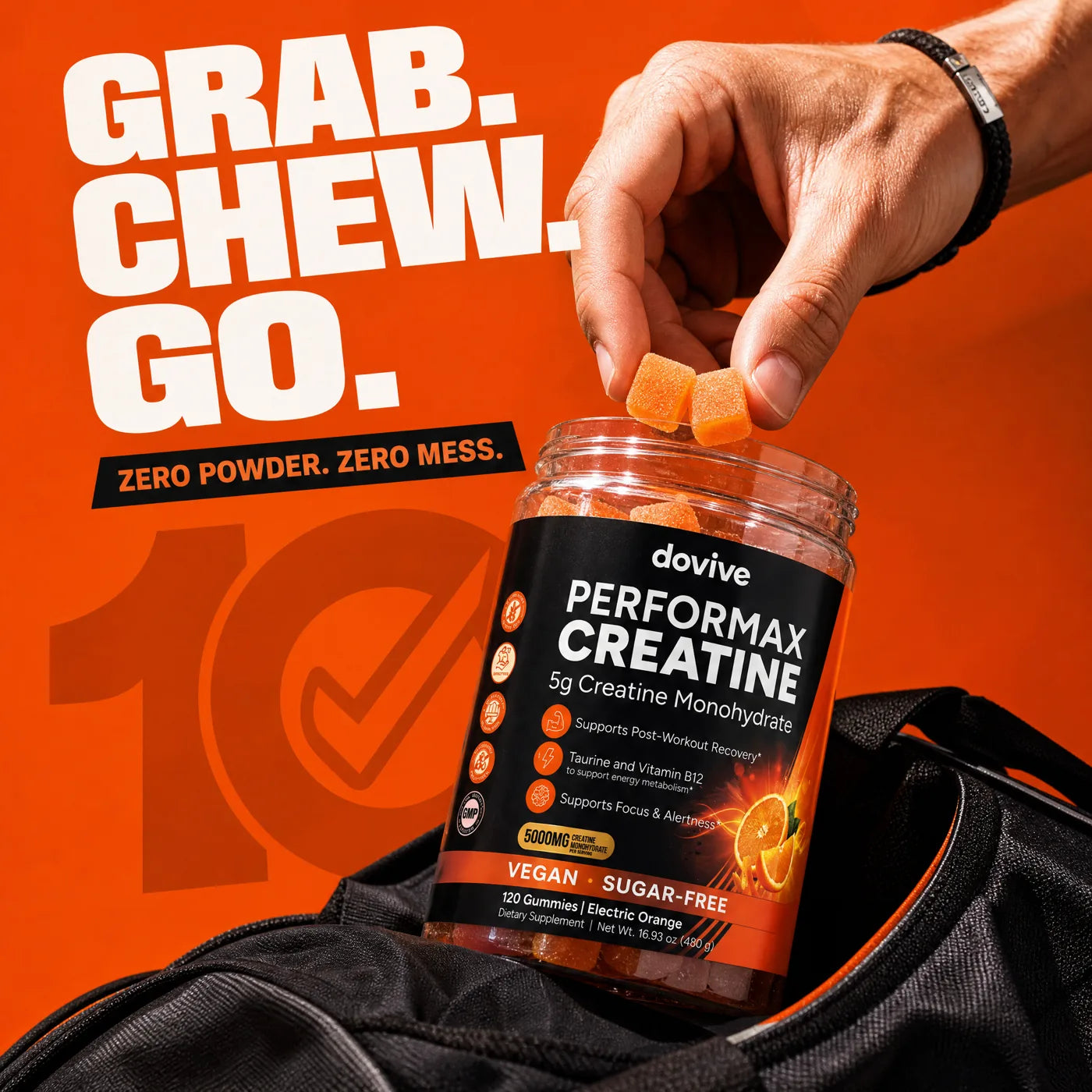 Hand taking an Electric Orange gummy from the jar in a gym bag