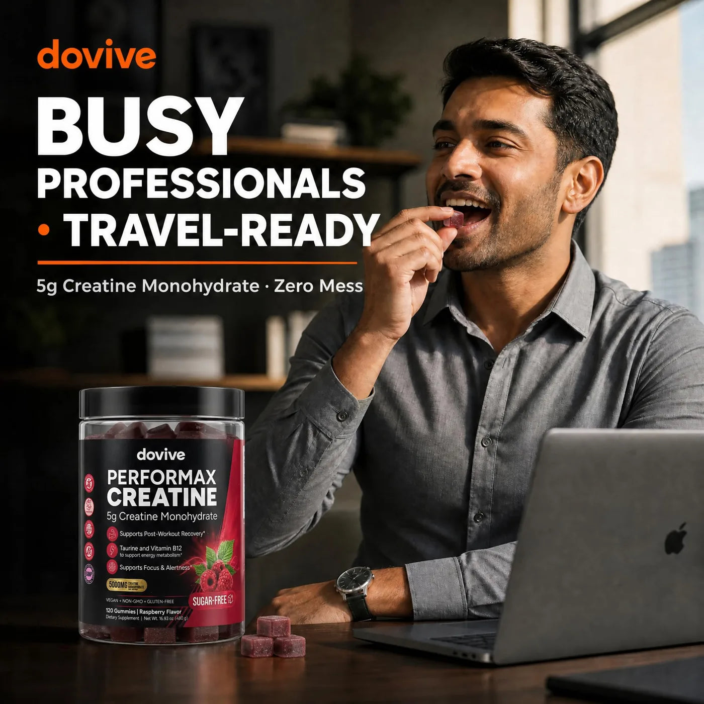 Man at a laptop eating a DOVIVE gummy
