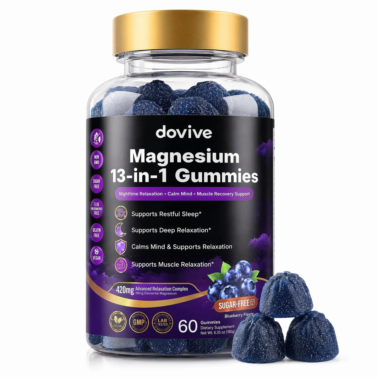 DOVIVE Magnesium 13-in-1 Gummies, Blueberry: bottle front